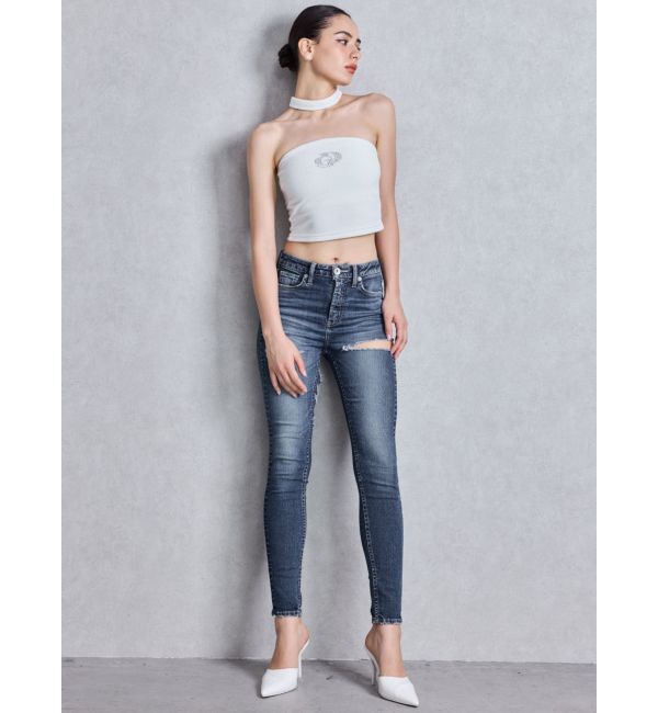 GYDA「ミドルウエストSIDE CUT INNER DAMAGEスキニーデニムパンツ」|デニム|