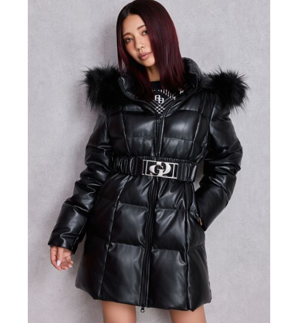 GYDA「GDベルト付きフェイクレザーロングダウンコート」|ダウン|