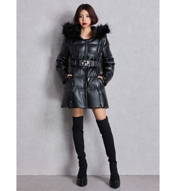 GYDA「GDベルト付きフェイクレザーロングダウンコート」|ダウン|