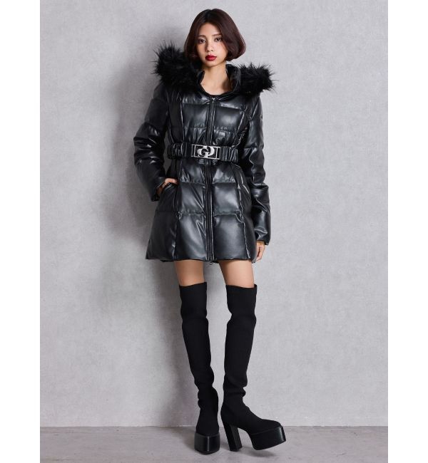 GYDA「GDベルト付きフェイクレザーロングダウンコート」|ダウン|