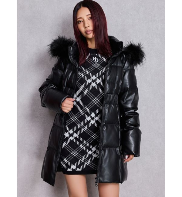 GYDA「GDベルト付きフェイクレザーロングダウンコート」|ダウン|