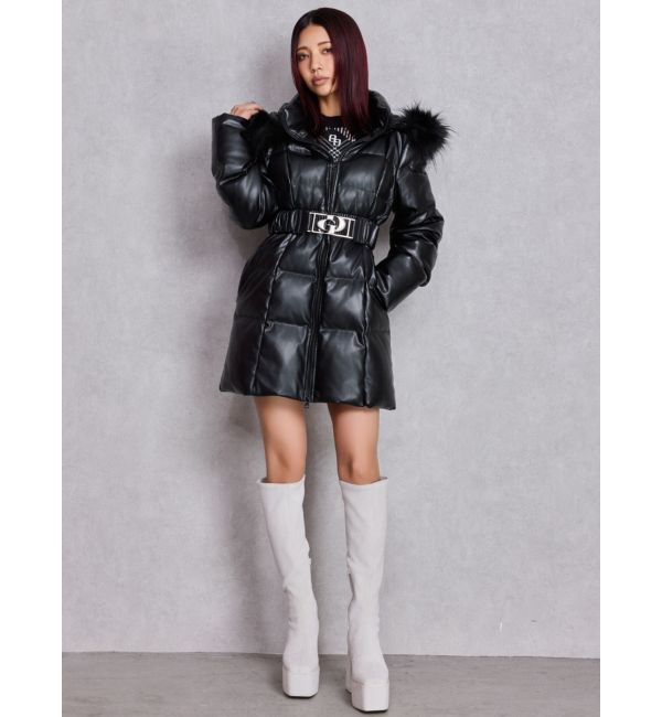 GYDA「GDベルト付きフェイクレザーロングダウンコート」|ダウン|