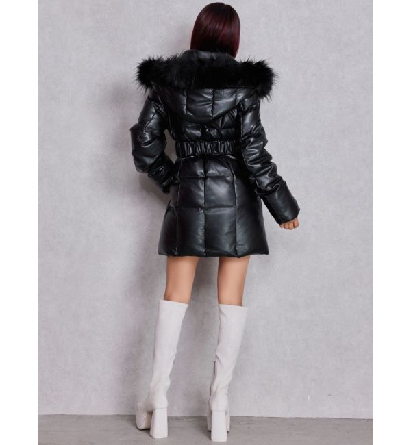 GYDA「GDベルト付きフェイクレザーロングダウンコート」|ダウン|