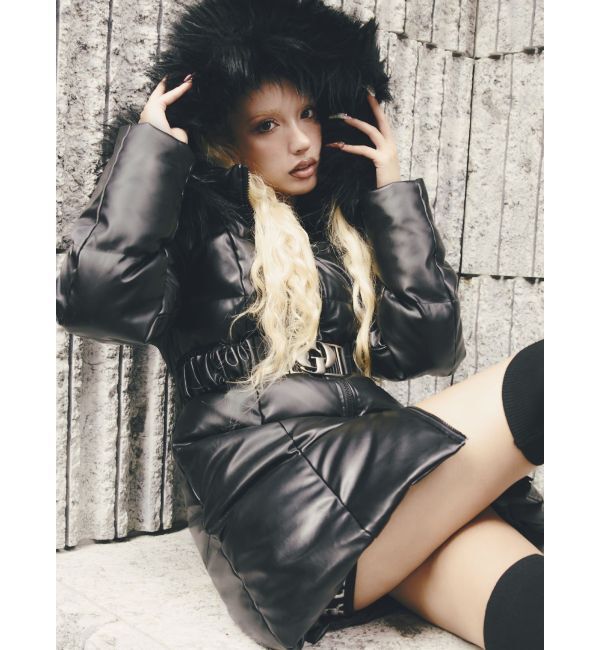 GYDA「GDベルト付きフェイクレザーロングダウンコート」|ダウン|