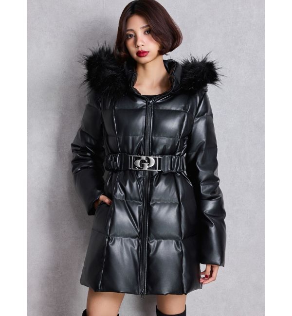 GYDA「GDベルト付きフェイクレザーロングダウンコート」|ダウン|