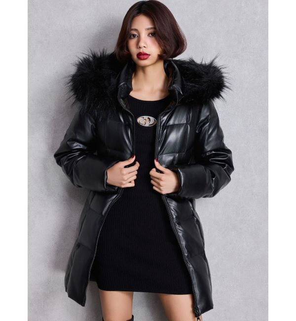 GYDA「GDベルト付きフェイクレザーロングダウンコート」|ダウン|