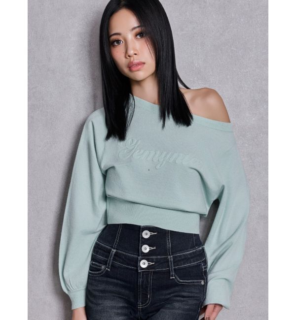 GYDA「Gemyntar embossワンショルニットトップス」|ニット・セーター|ミントグリーン