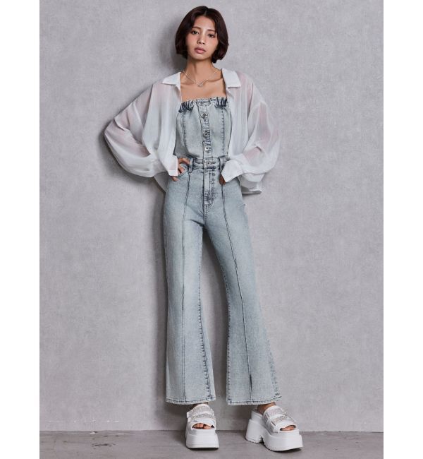 GYDA「BACKリボンデニムロンパース」|オールインワン|