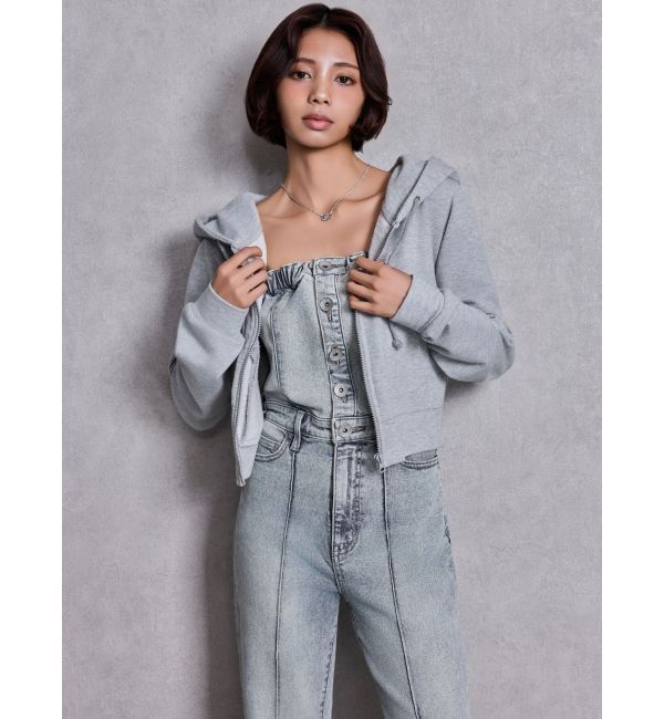 GYDA「BACKリボンデニムロンパース」|オールインワン|