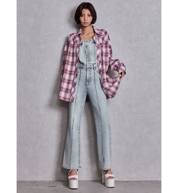 GYDA「BACKリボンデニムロンパース」|オールインワン|