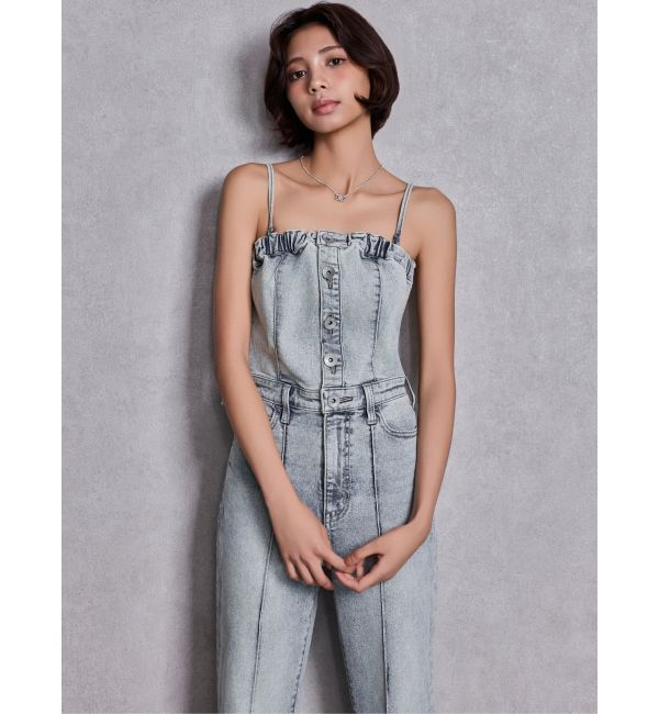 GYDA「BACKリボンデニムロンパース」|オールインワン|