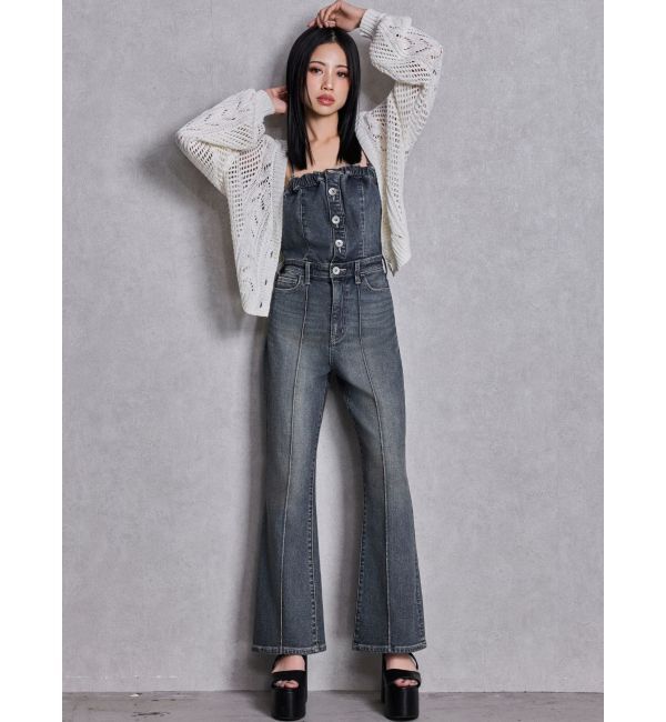 GYDA「BACKリボンデニムロンパース」|オールインワン|