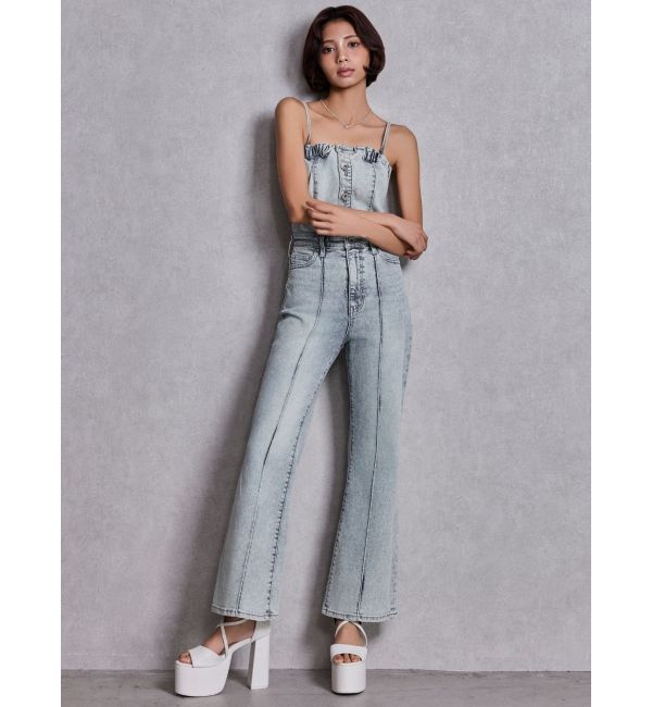 GYDA「BACKリボンデニムロンパース」|オールインワン|