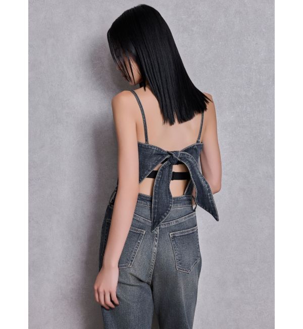 GYDA「BACKリボンデニムロンパース」|オールインワン|