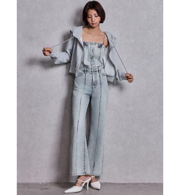 GYDA「BACKリボンデニムロンパース」|オールインワン|アイスブルー