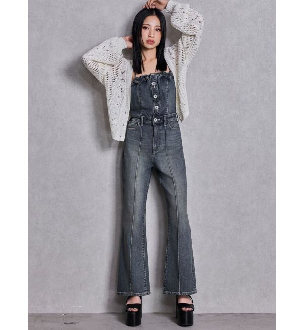 GYDA「BACKリボンデニムロンパース」|オールインワン|インディゴ