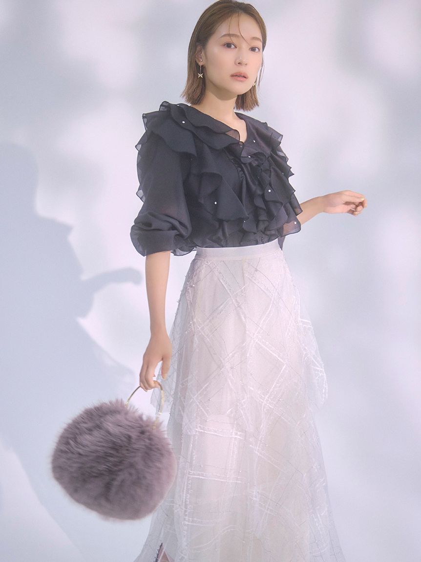 CELFORD「【HANAE MORI&times;CELFORDコラボ】 パール付きフリルブラウス」|シャツ・ブラウス|BLK