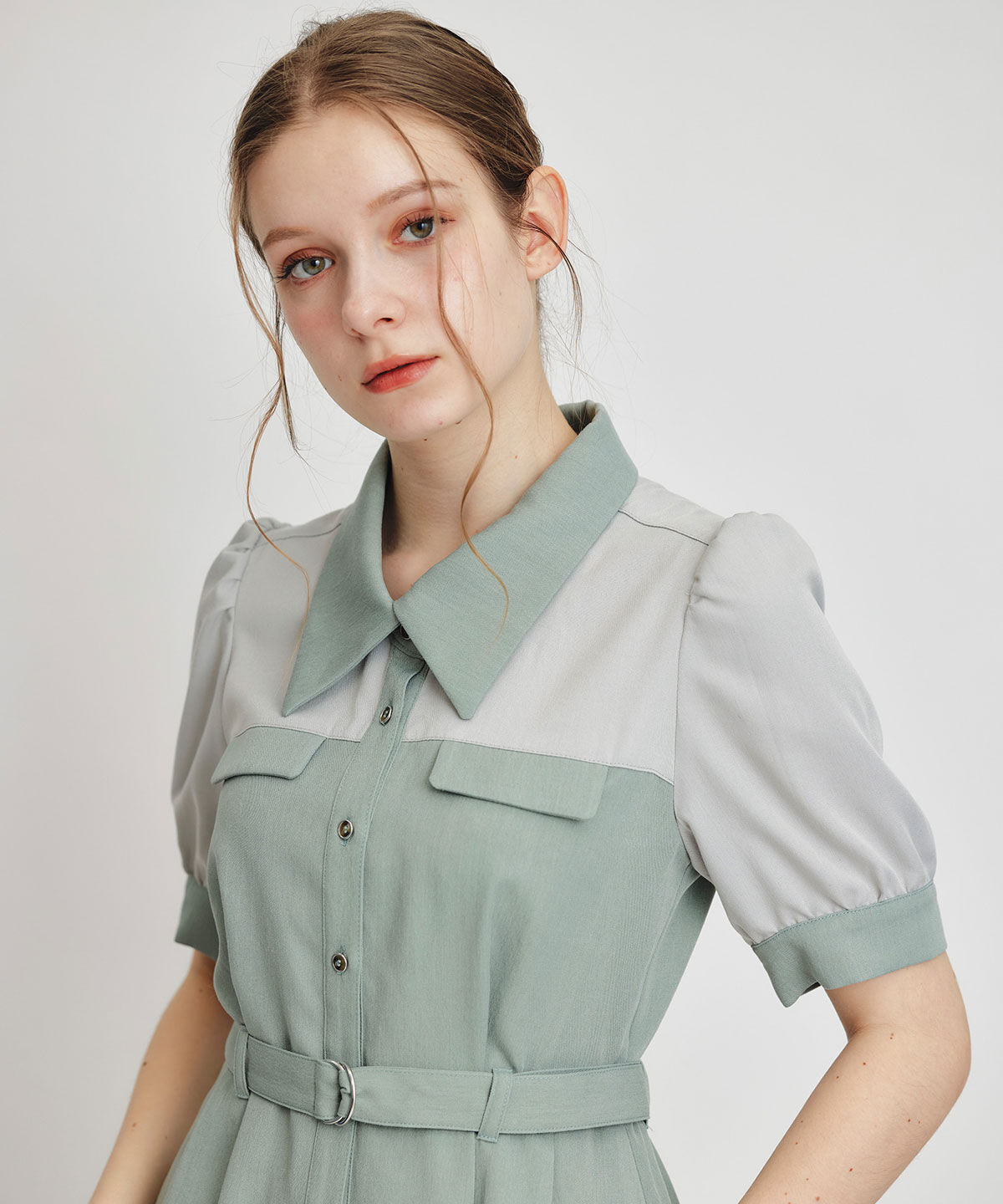 REDYAZEL「コントラストカラーシャツフレアロングワンピース」|ワンピース|