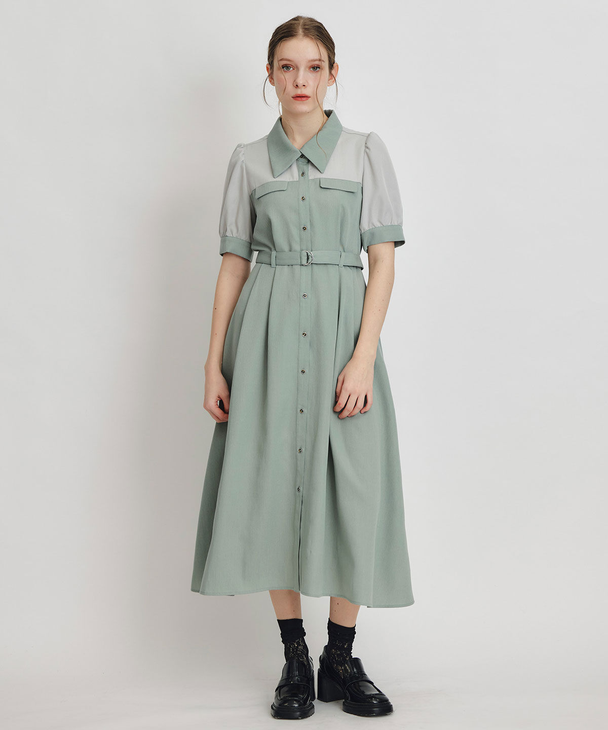 REDYAZEL「コントラストカラーシャツフレアロングワンピース」|ワンピース|