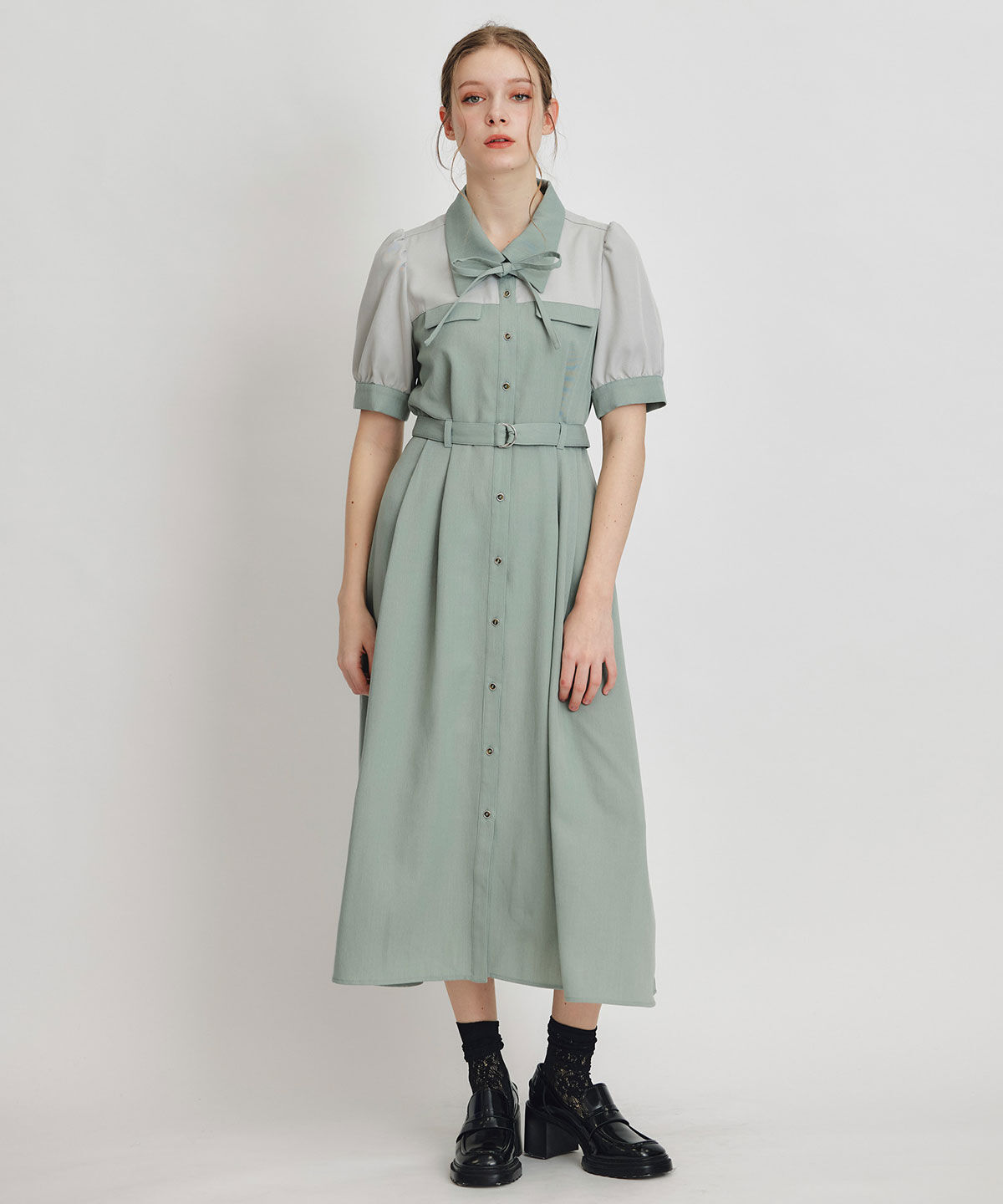 REDYAZEL「コントラストカラーシャツフレアロングワンピース」|ワンピース|