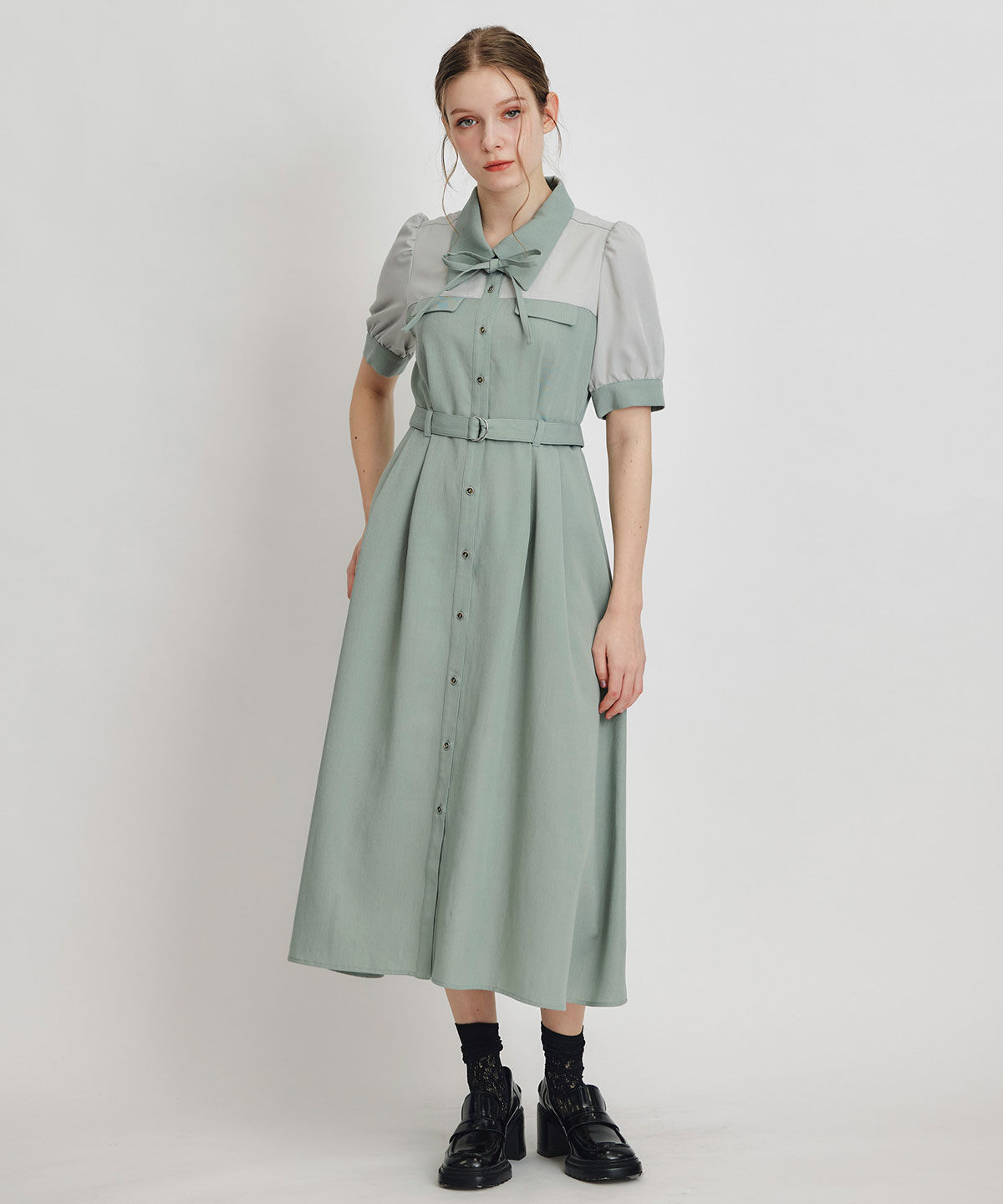 REDYAZEL「コントラストカラーシャツフレアロングワンピース」|ワンピース|