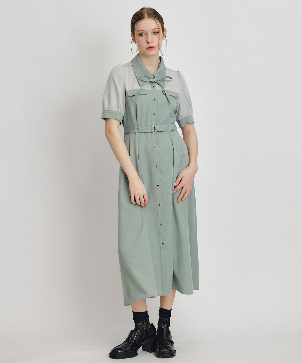 REDYAZEL「コントラストカラーシャツフレアロングワンピース」|ワンピース|