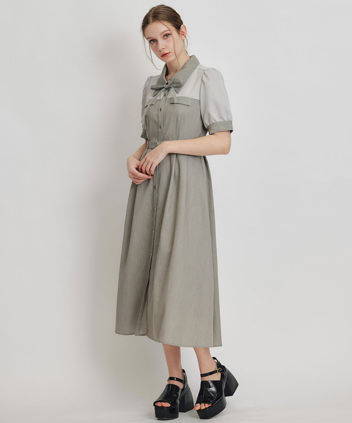 REDYAZEL「コントラストカラーシャツフレアロングワンピース」|ワンピース|ライトグレー