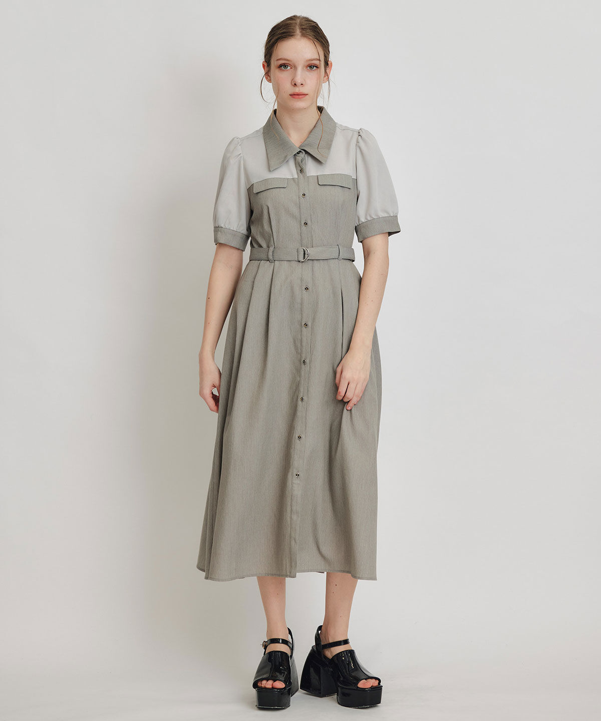 REDYAZEL「コントラストカラーシャツフレアロングワンピース」|ワンピース|