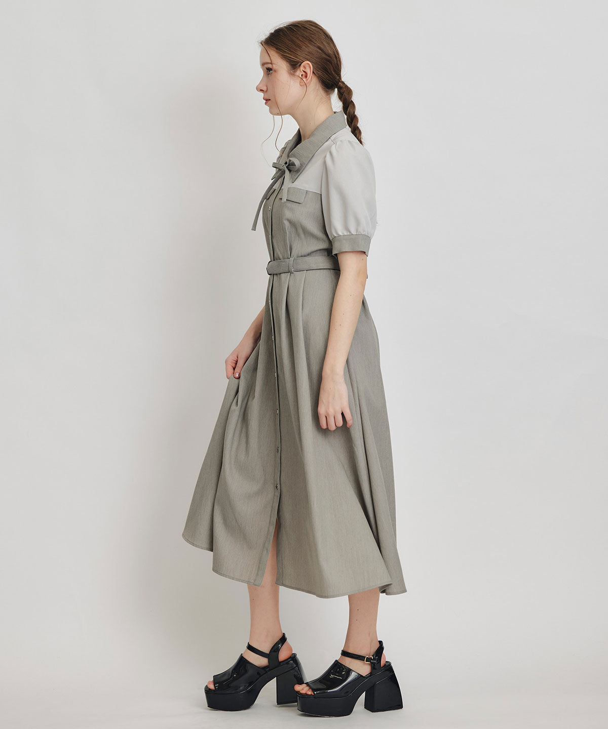 REDYAZEL「コントラストカラーシャツフレアロングワンピース」|ワンピース|