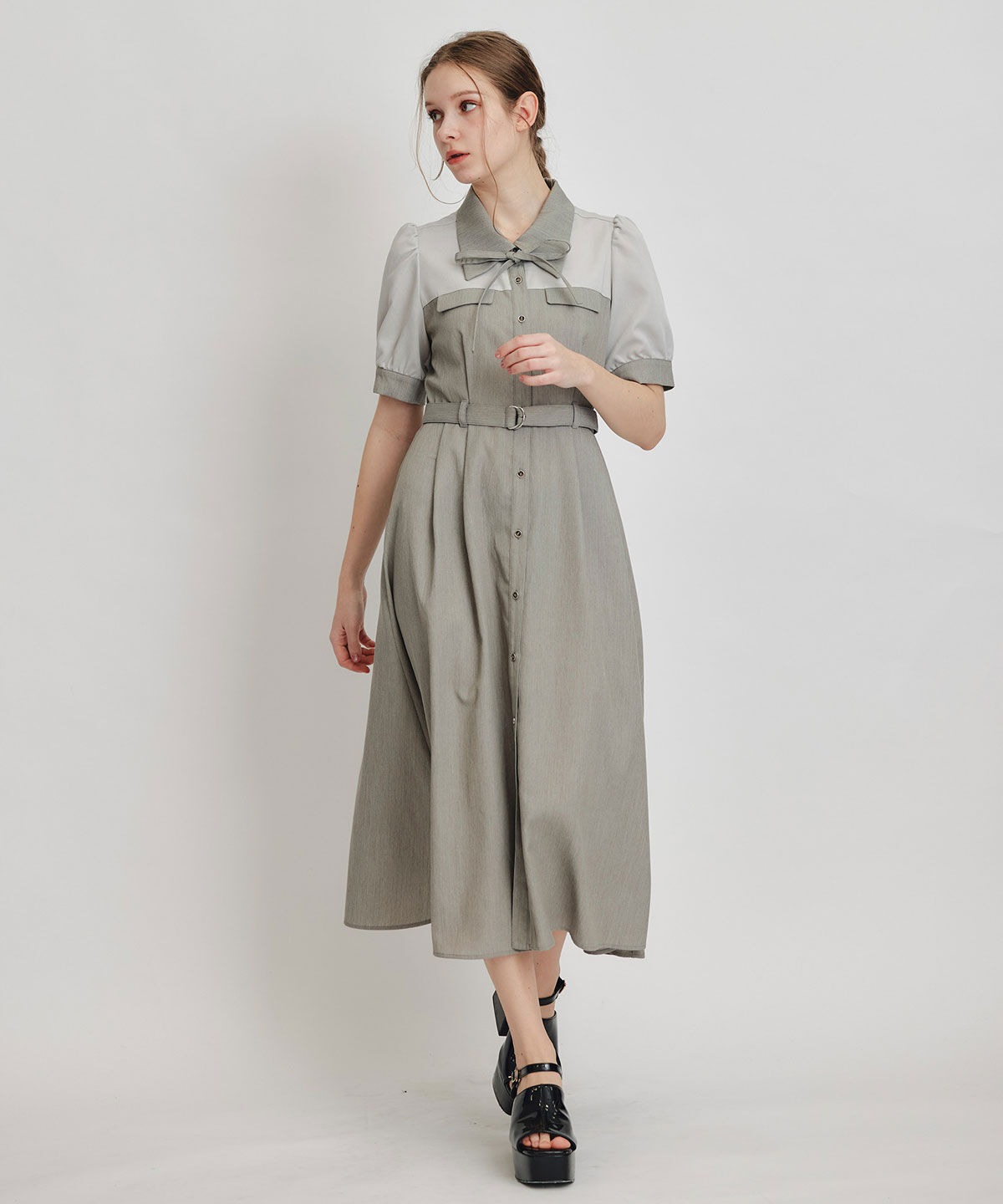 REDYAZEL「コントラストカラーシャツフレアロングワンピース」|ワンピース|