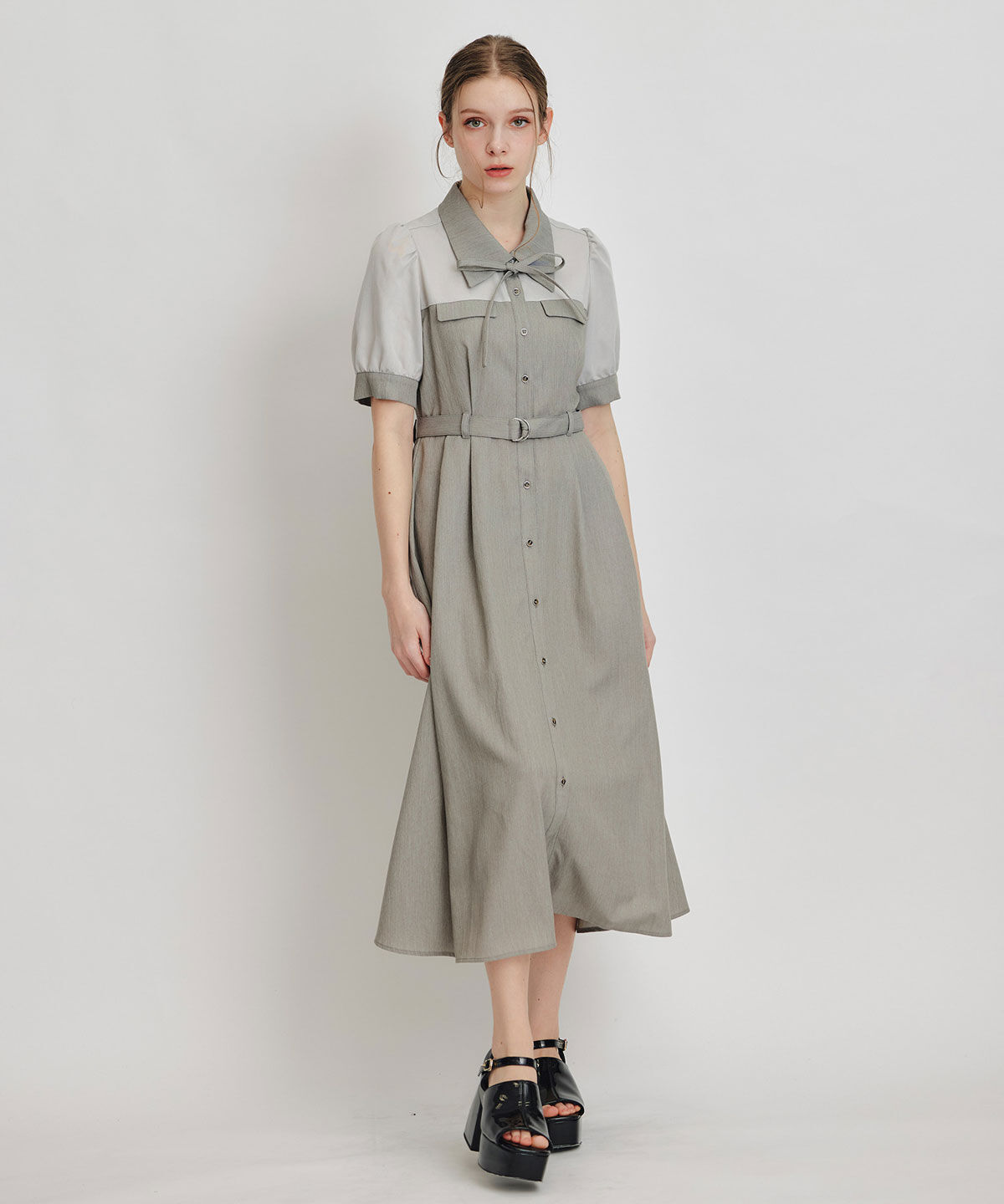 REDYAZEL「コントラストカラーシャツフレアロングワンピース」|ワンピース|