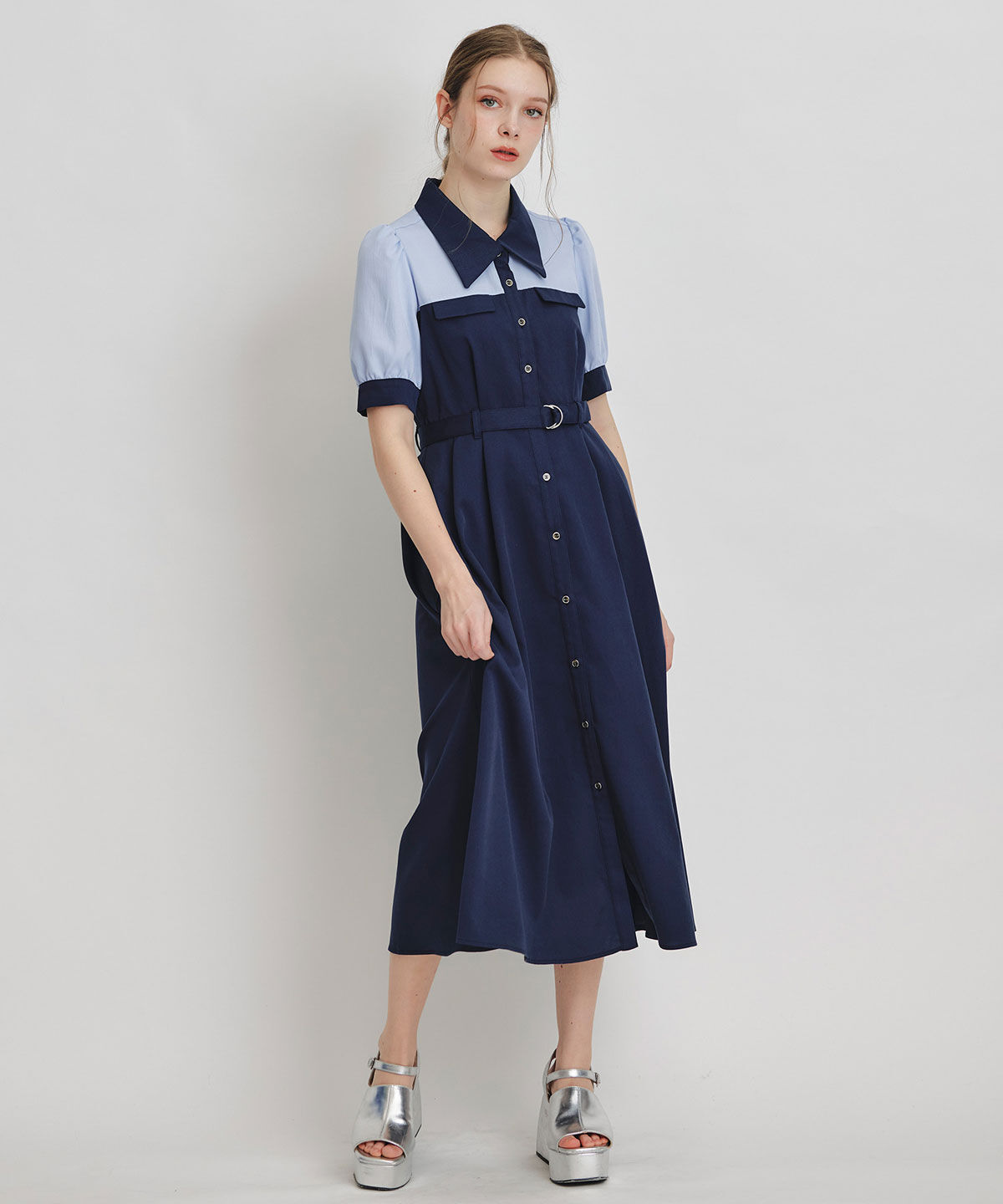 REDYAZEL「コントラストカラーシャツフレアロングワンピース」|ワンピース|