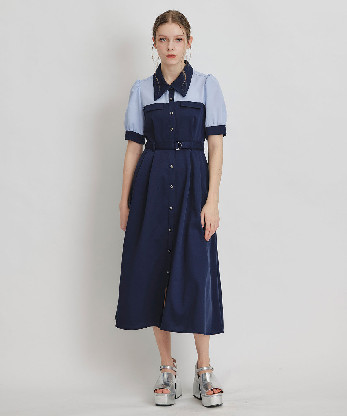 REDYAZEL「コントラストカラーシャツフレアロングワンピース」|ワンピース|