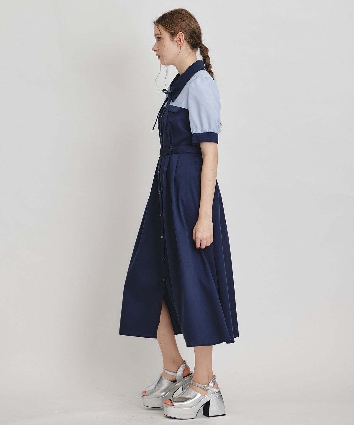 REDYAZEL「コントラストカラーシャツフレアロングワンピース」|ワンピース|