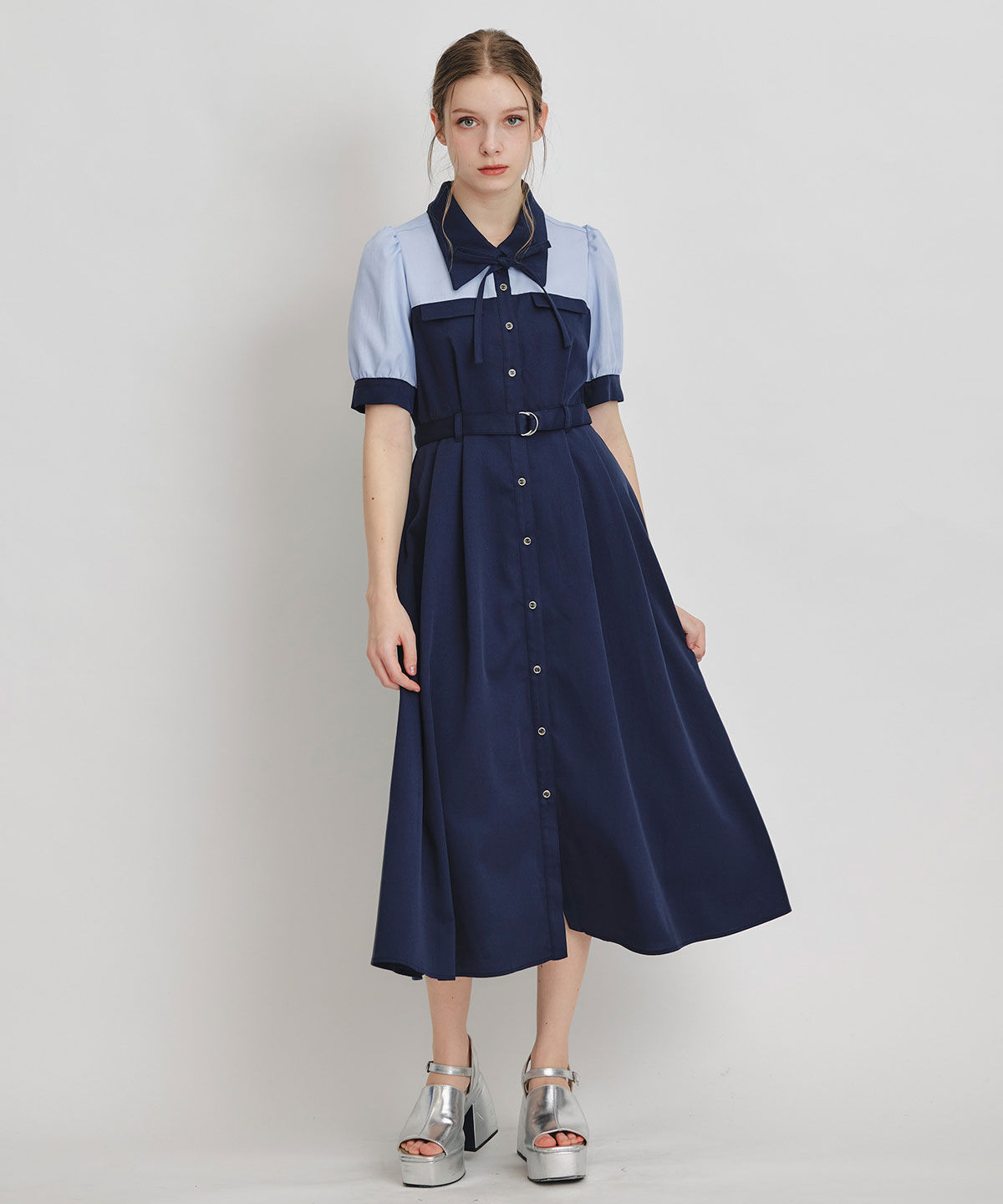 REDYAZEL「コントラストカラーシャツフレアロングワンピース」|ワンピース|