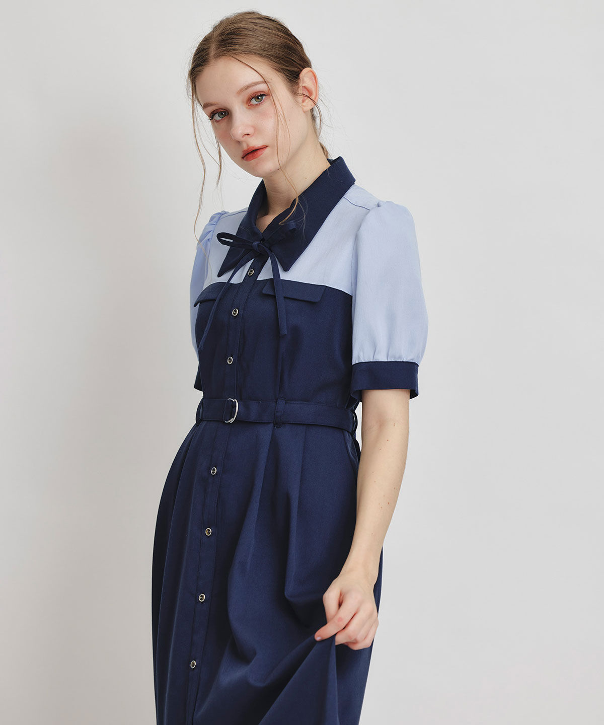 REDYAZEL「コントラストカラーシャツフレアロングワンピース」|ワンピース|