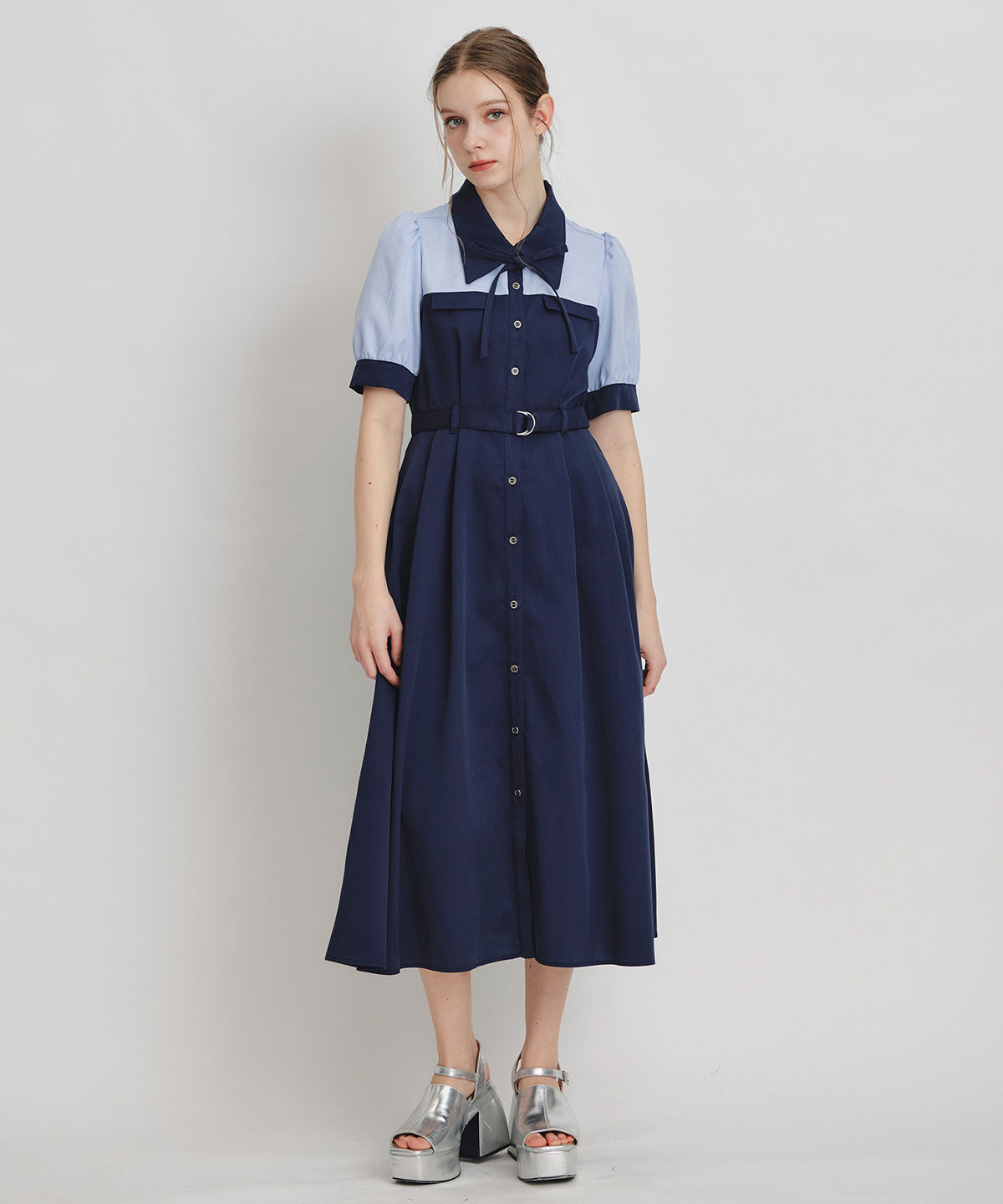 REDYAZEL「コントラストカラーシャツフレアロングワンピース」|ワンピース|