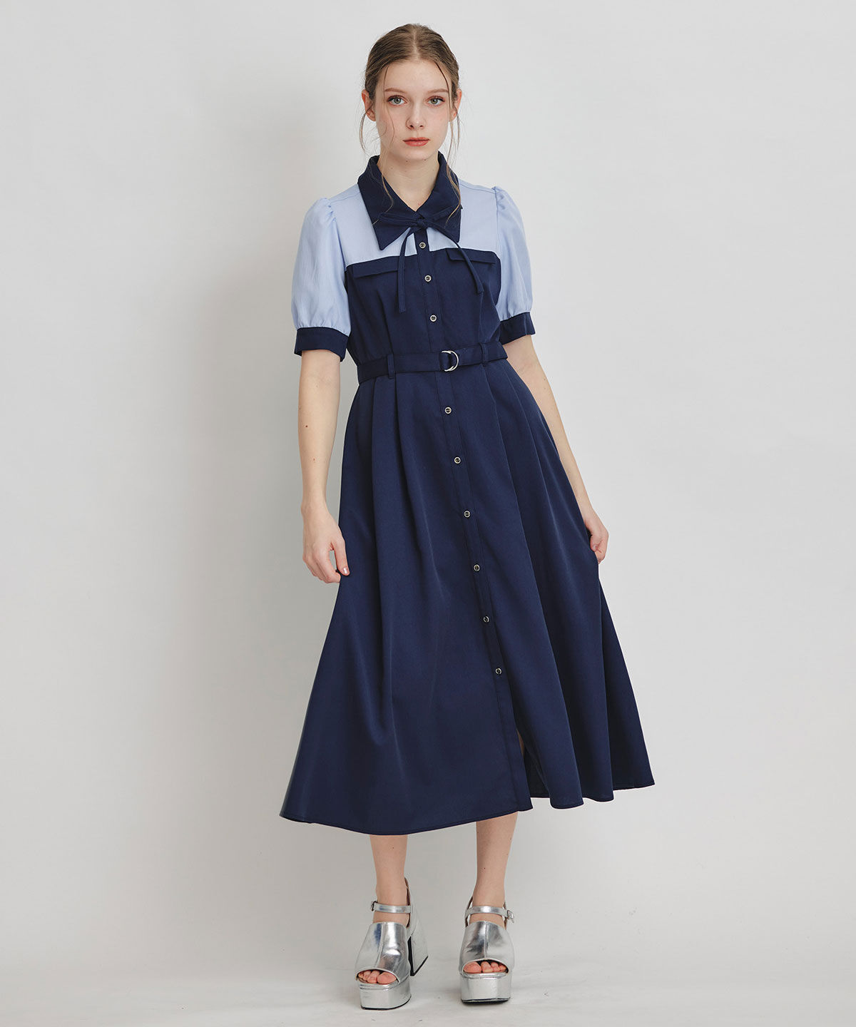 REDYAZEL「コントラストカラーシャツフレアロングワンピース」|ワンピース|