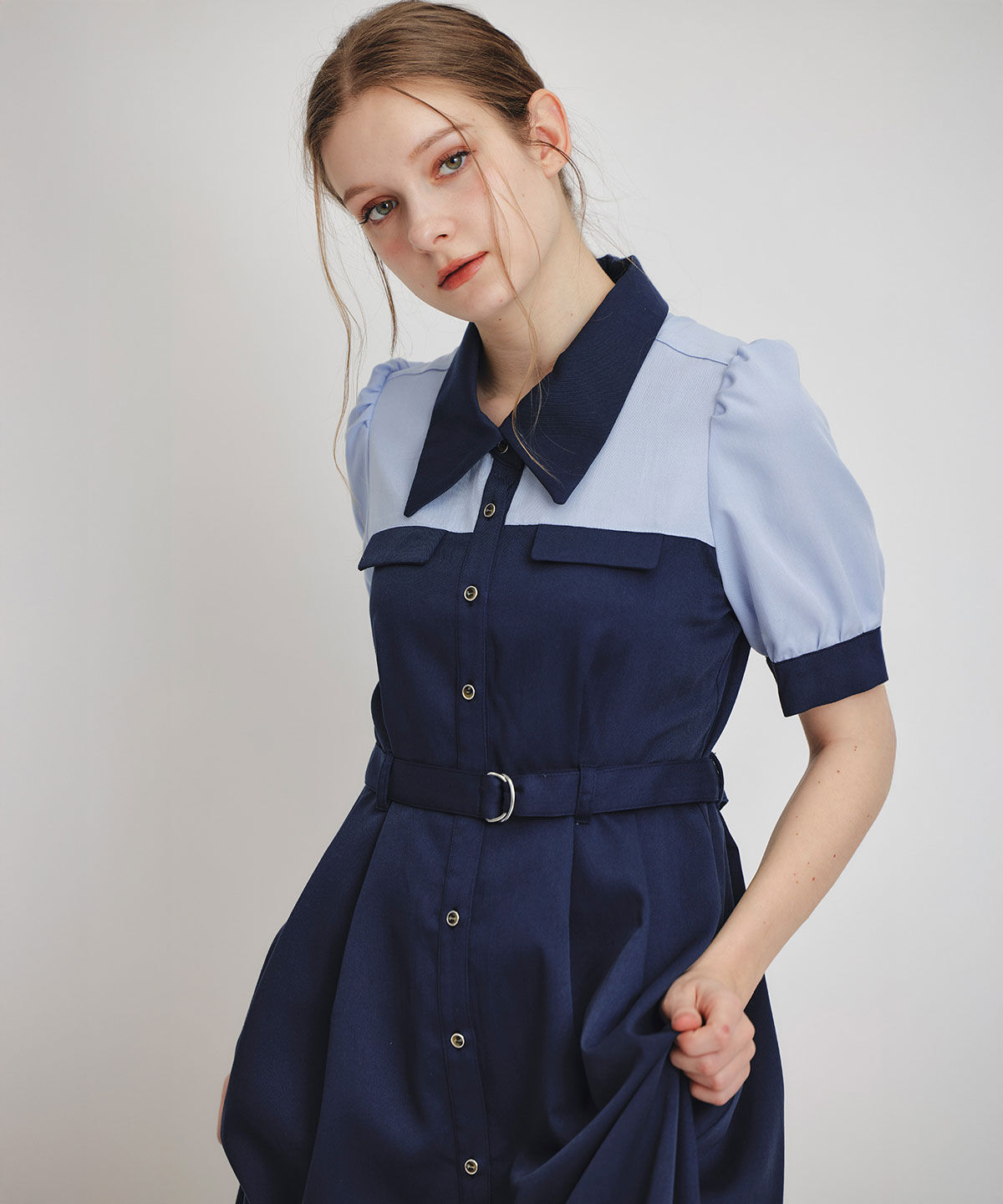 REDYAZEL「コントラストカラーシャツフレアロングワンピース」|ワンピース|