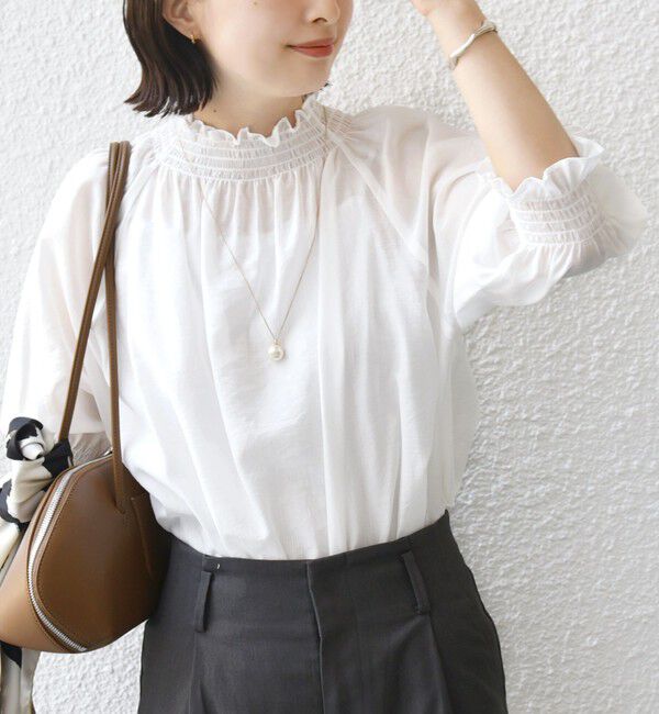 SHIPS for women「〈洗濯機可能〉シアー シャーリング ネック ショート スリーブ ブラウス」|シャツ・ブラウス|