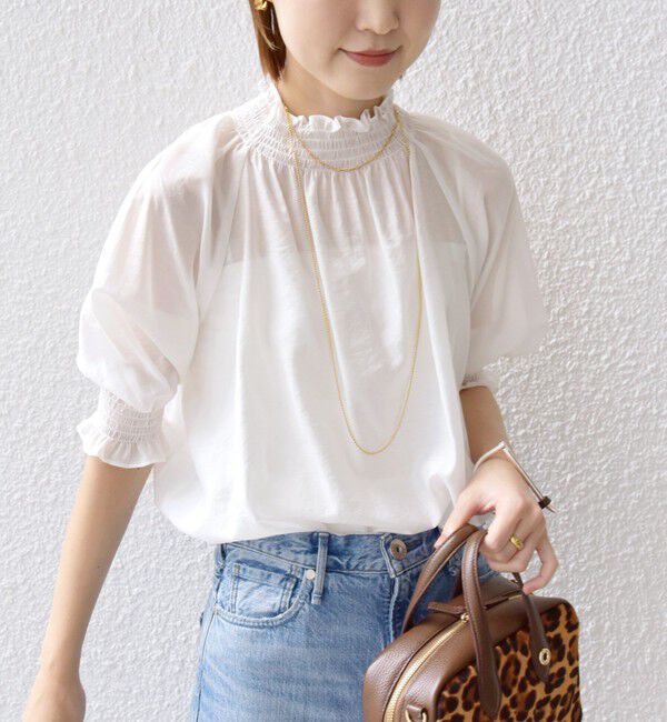 SHIPS for women「〈洗濯機可能〉シアー シャーリング ネック ショート スリーブ ブラウス」|シャツ・ブラウス|