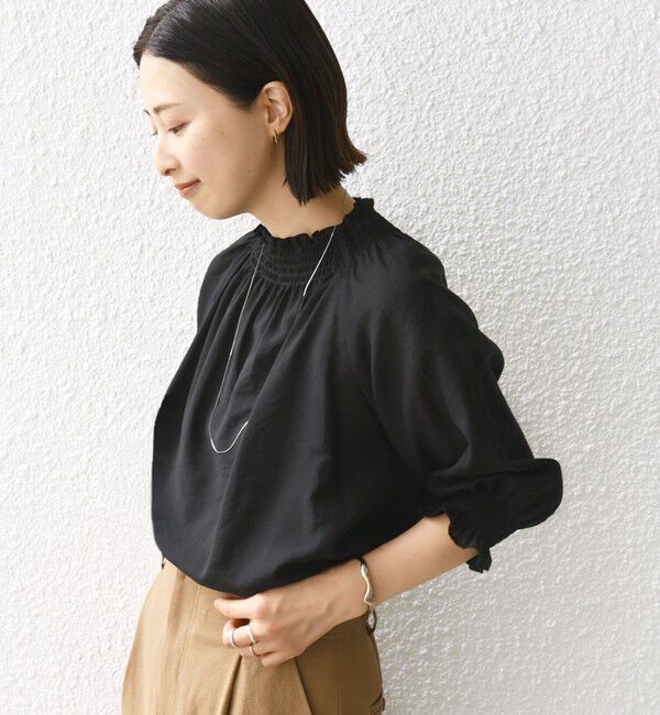 SHIPS for women「〈洗濯機可能〉シアー シャーリング ネック ショート スリーブ ブラウス」|シャツ・ブラウス|