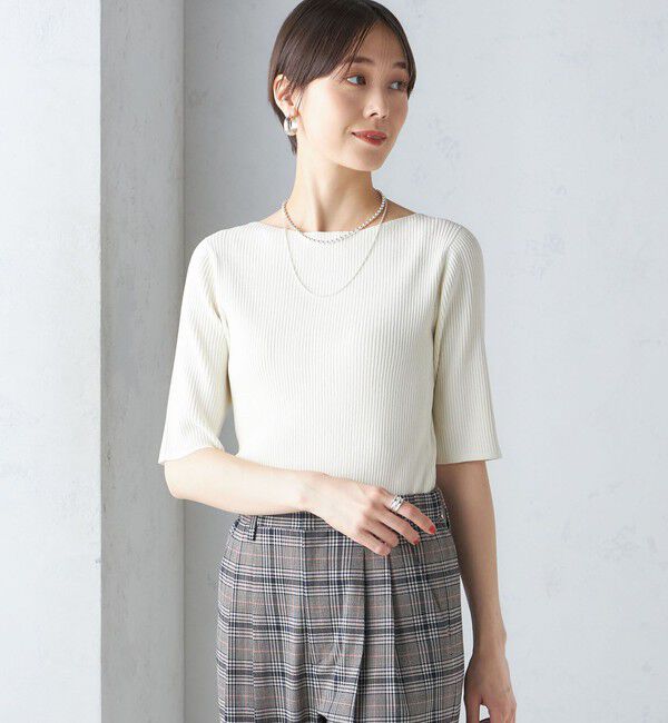 SHIPS for women「〈手洗い可能〉ボートネック 5分袖 リブ ニット」|ニット・セーター|