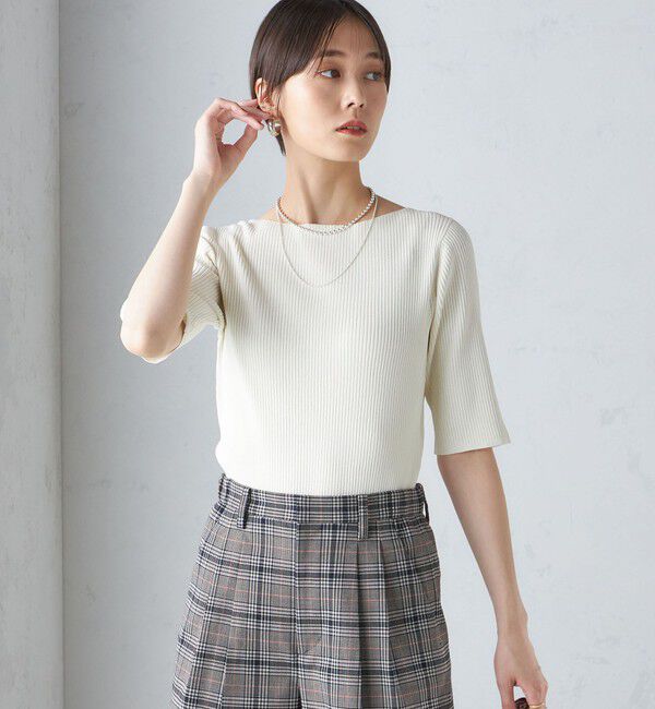 SHIPS for women「〈手洗い可能〉ボートネック 5分袖 リブ ニット」|ニット・セーター|