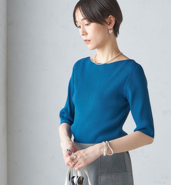 SHIPS for women「〈手洗い可能〉ボートネック 5分袖 リブ ニット」|ニット・セーター|ブルー