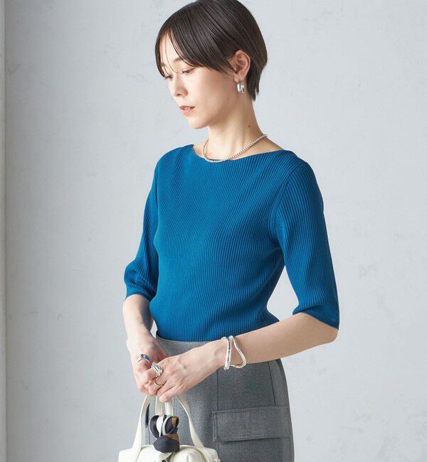 SHIPS for women「〈手洗い可能〉ボートネック 5分袖 リブ ニット」|ニット・セーター|