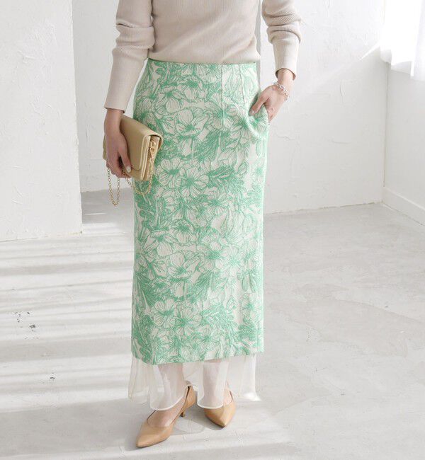 quaranciel「quaranciel: フラワー ジャカード レイヤード オーガンジー タイト スカート」|スカート|グリーン