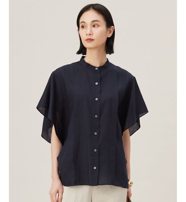 自由区「【接触冷感・吸水速乾・洗える】ナチュラルリネンフレア袖 シャツ」|シャツ・ブラウス|ネイビー