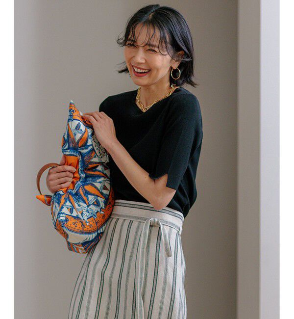 23区「【洗える】レーヨンポリエステルストレッチ 5分袖 ニット」|ニット・セーター|ブラック系