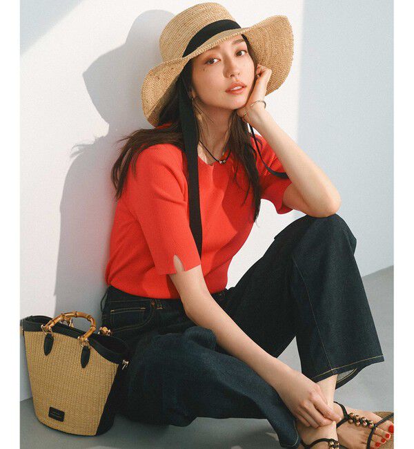 23区「【洗える】レーヨンポリエステルストレッチ 5分袖 ニット」|ニット・セーター|オレンジ系